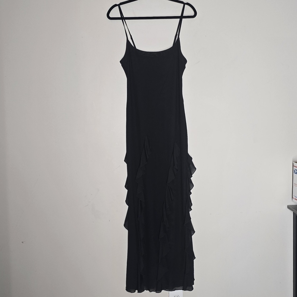 LEAU Black Ruffle Maxi Dress Women's L Spaghetti Strap Layered Evening Formal